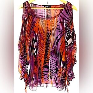 Takara: Flowy Semi-sheer Bat-wing Sleeve Multi-color with Shoulder Peek Hole Top